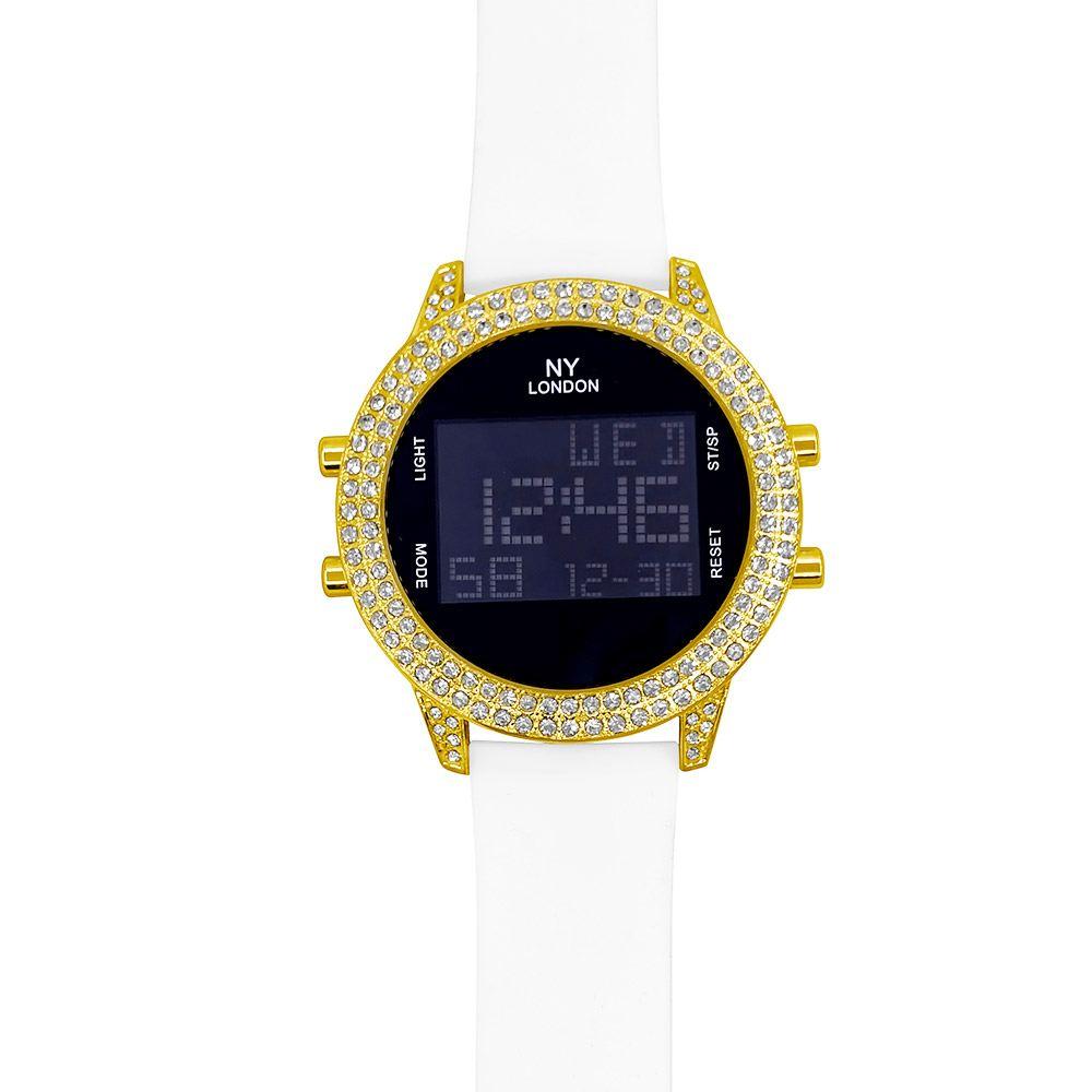 Digital Tech Iced Out Rubber Hip Hop Watch Gold/White HipHopBling