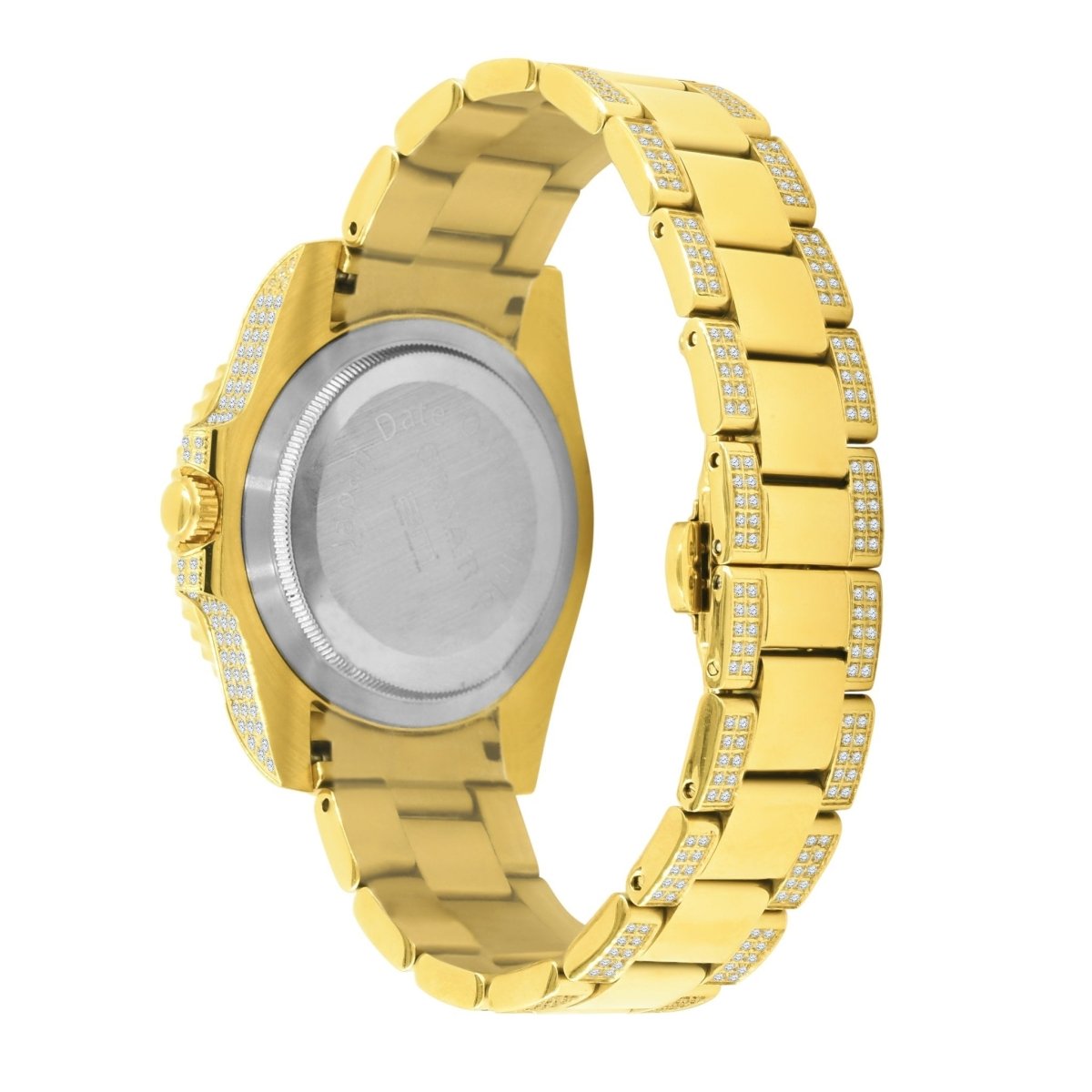 Divers CZ Black Dial Date Edge Link Iced Out Watch Yellow Gold HipHopBling