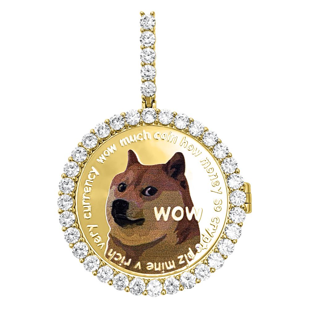 Dogecoin Coin Iced Out Frame Pendant V3 Yellow Gold Tennis CZ Frame HipHopBling