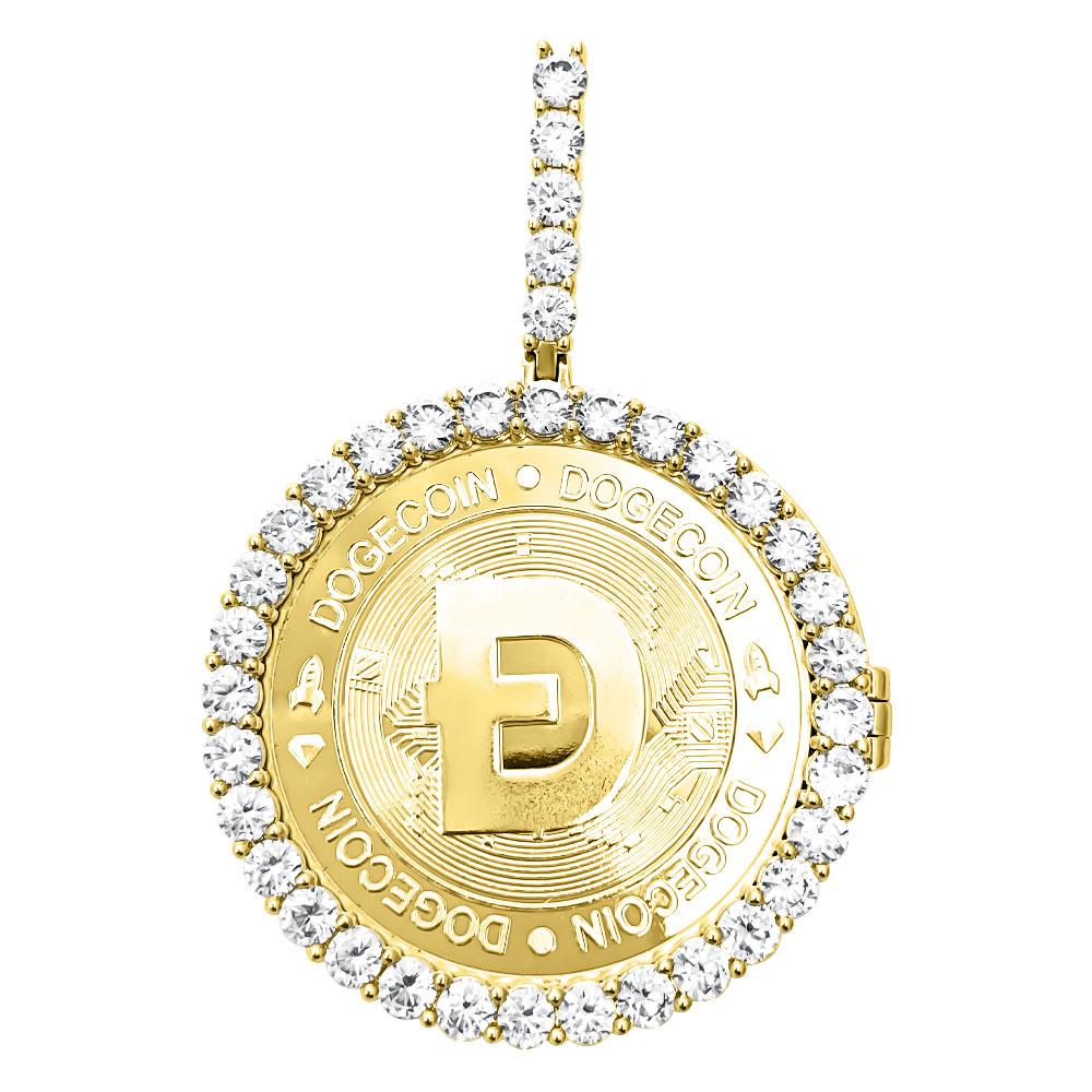 Dogecoin Coin Iced Out Frame Pendant V6 Yellow Gold Tennis CZ Frame HipHopBling