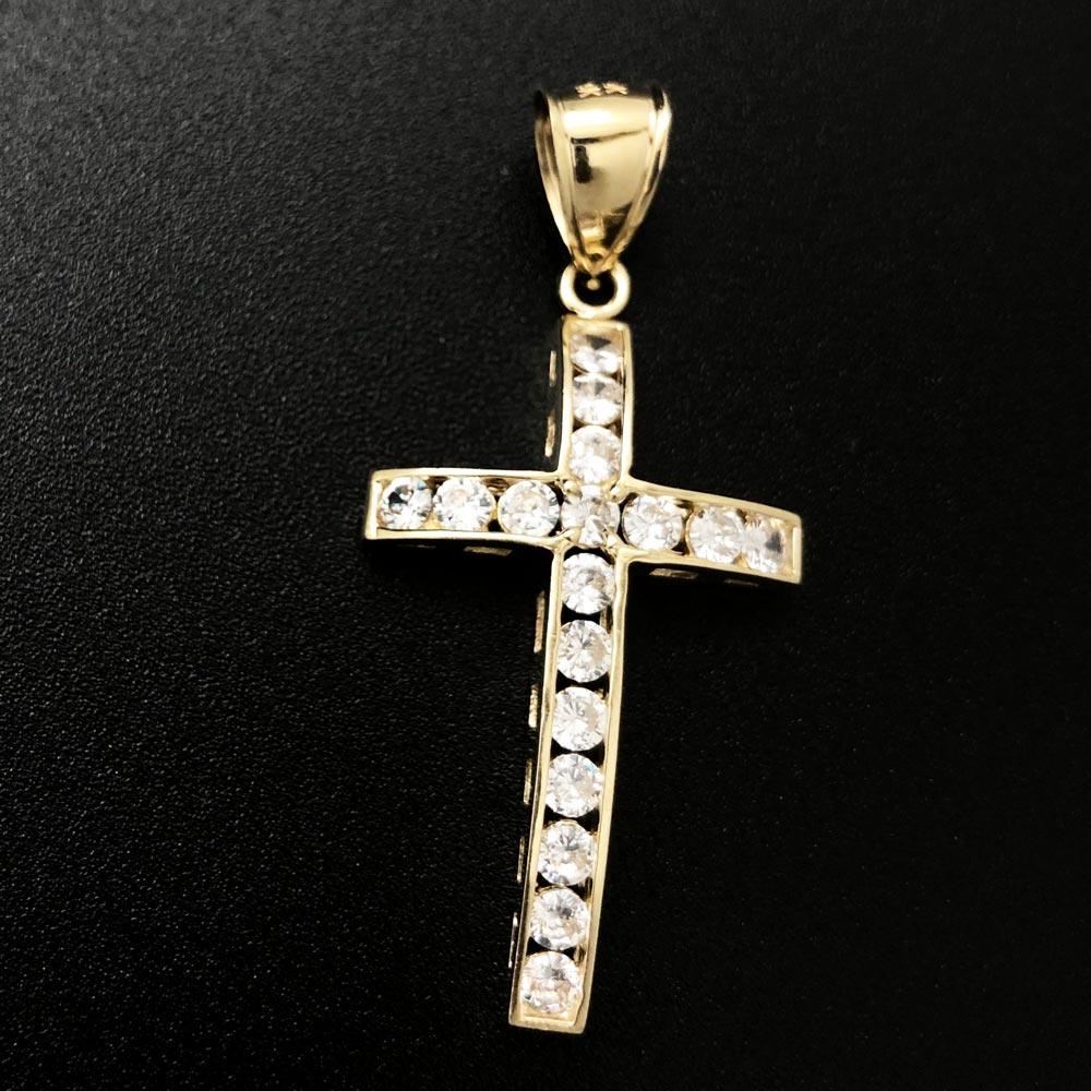 Domed Channel Tennis Cross CZ 10K Yellow Gold Pendant HipHopBling