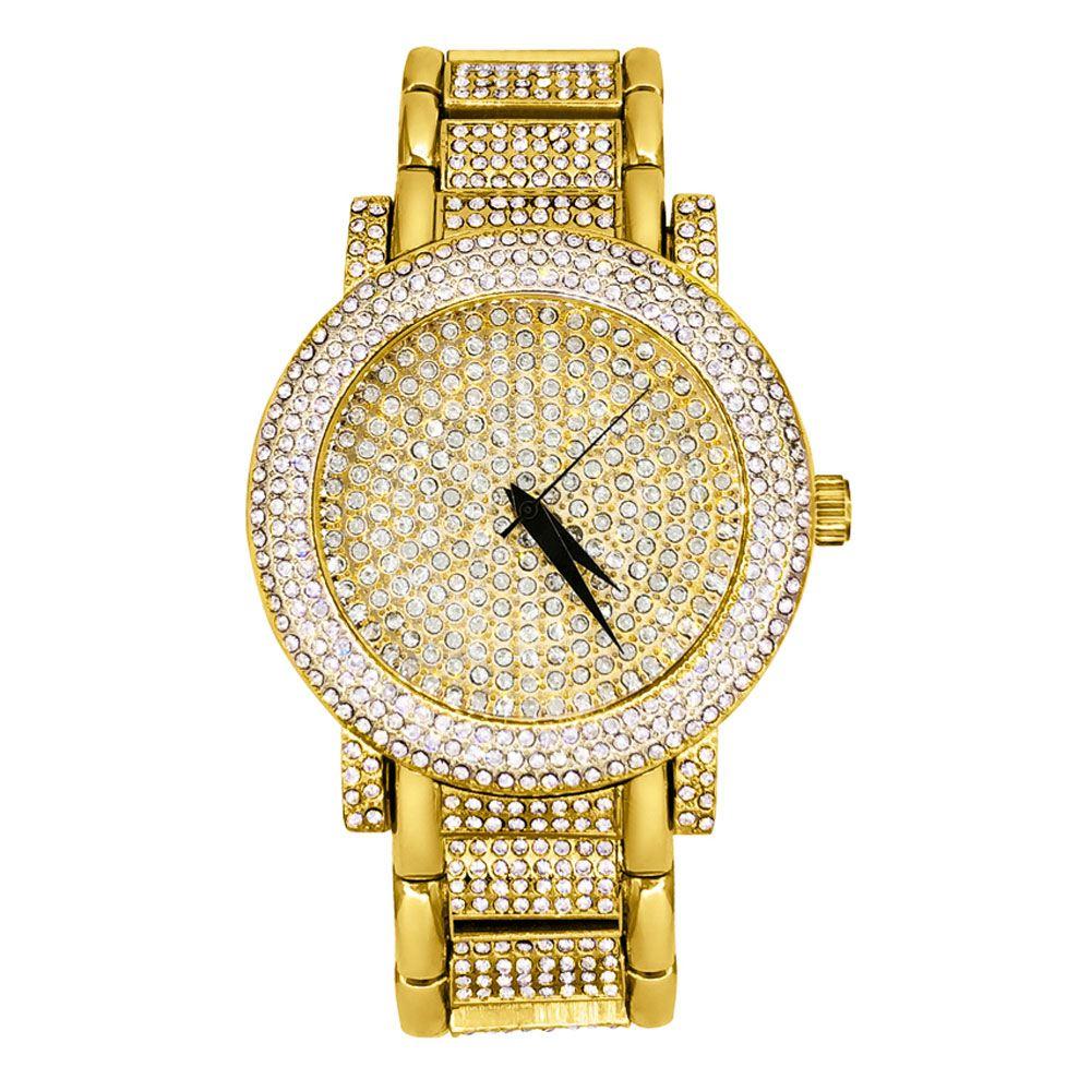 Domed Triple Bezel Iced Out Bling Hip Hop Watch Yellow Gold HipHopBling