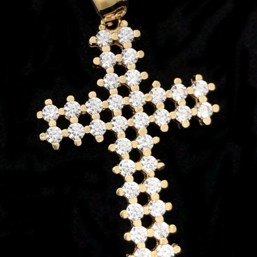 Double Prong Tennis Cross VVS CZ Pendant 10K Yellow Gold HipHopBling