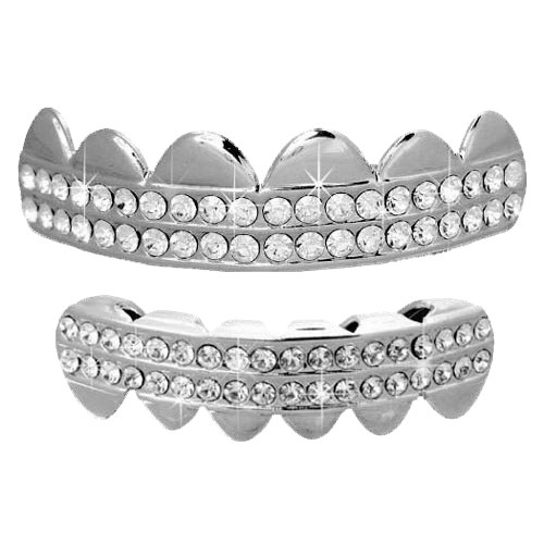 Double Row Bling Bling Grillz Silver Top Bottom Set HipHopBling