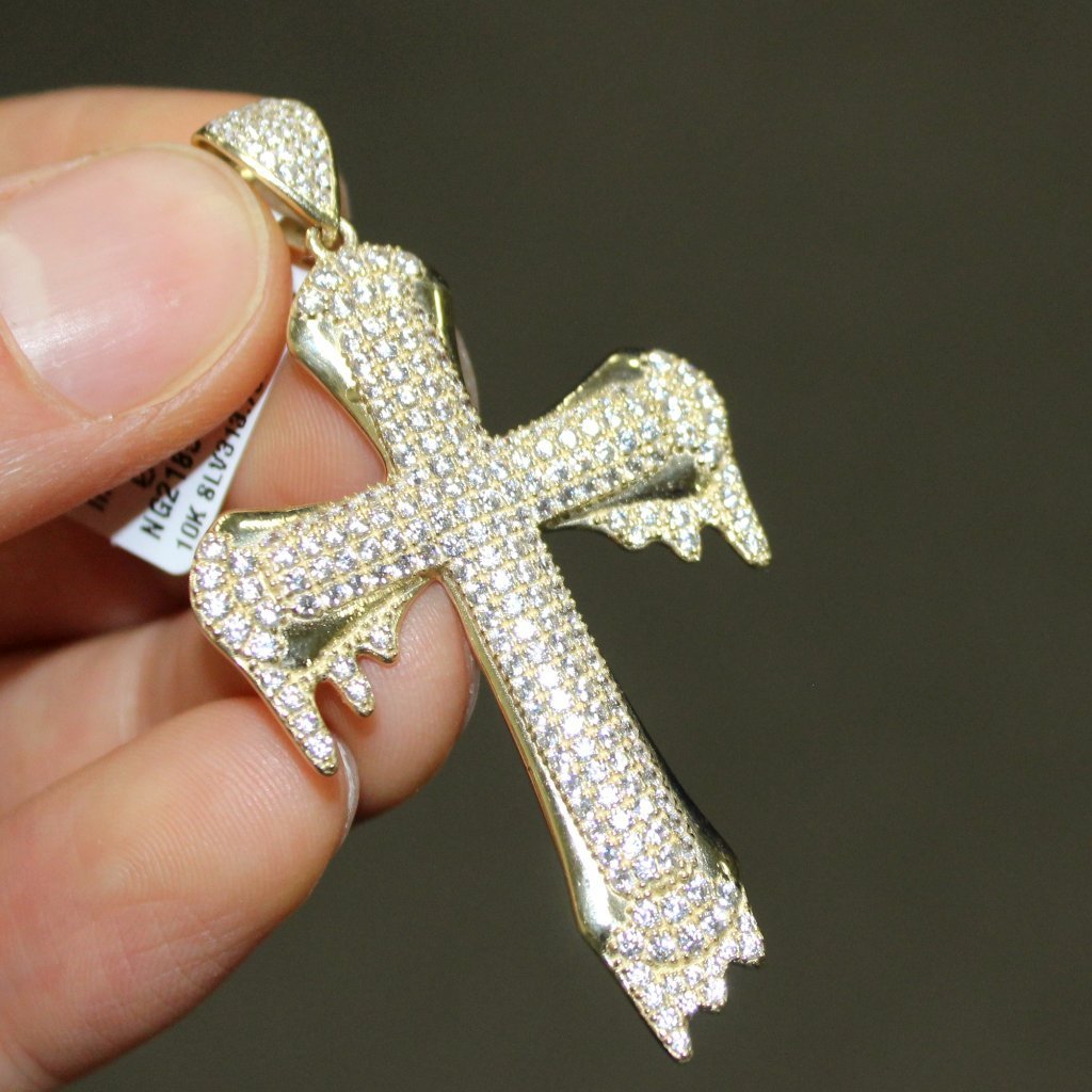 Drip Designer Cross Pendant VVS CZ 10K Yellow Gold HipHopBling