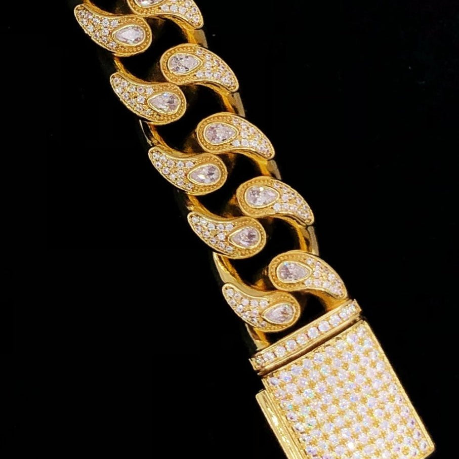 Drip Pear Cut Cuban CZ Iced Out Hip Hop Bracelet Yellow Gold 8" HipHopBling