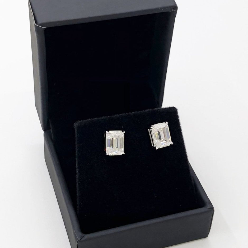 Emerald Cut Moissanite VVS D Stud Earrings .925 Sterling Silver White Gold 4x6MM (1.60 Carats) HipHopBling