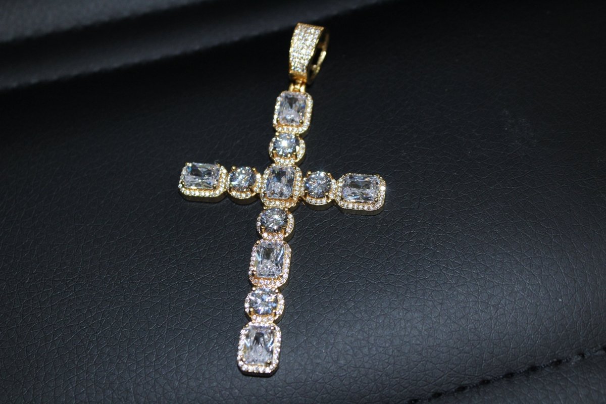 Emerald Cut Round Cut Bling Bling Gold Cross HipHopBling