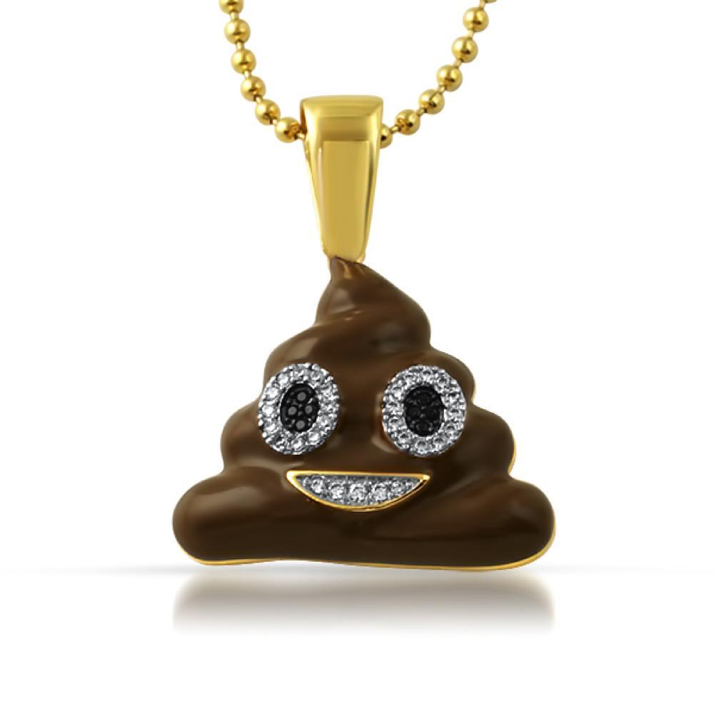 Emoji Brown Enamel Poop Face CZ Gold Bling Pendant HipHopBling