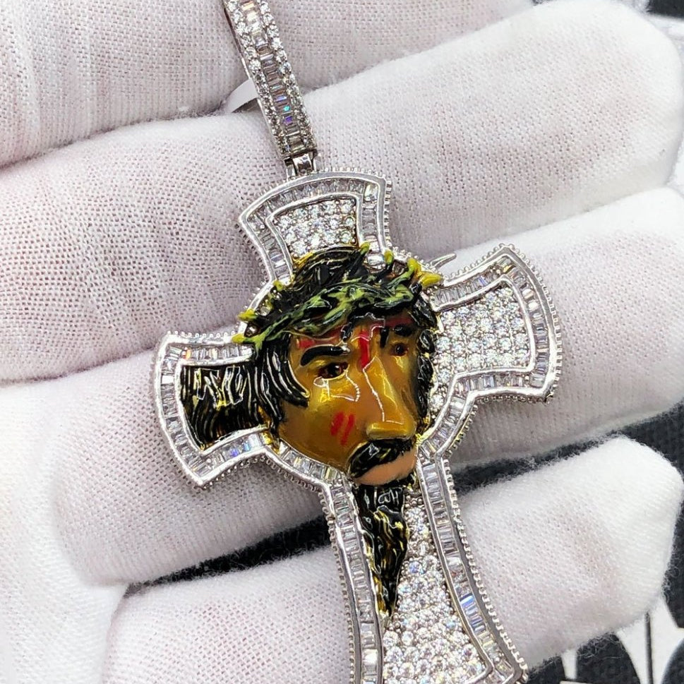 Enamel Jesus 3D Cross CZ Hip Hop Iced Out Pendant Yellow Gold HipHopBling