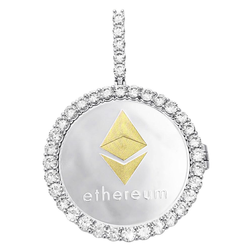 Ethereum Coin Iced Out Frame Pendant Yellow Gold Tennis CZ Frame HipHopBling