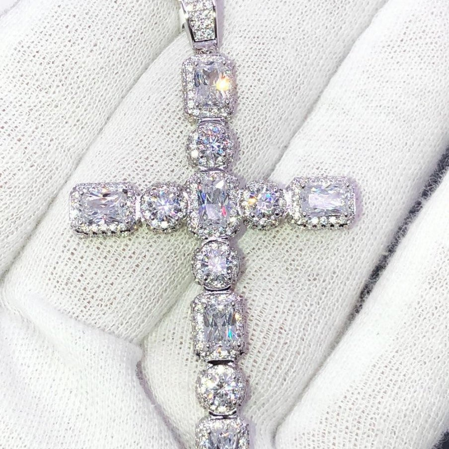 Exotic Gem Cluster Cross VVS CZ Hip Hop Iced Out Pendant White Gold HipHopBling