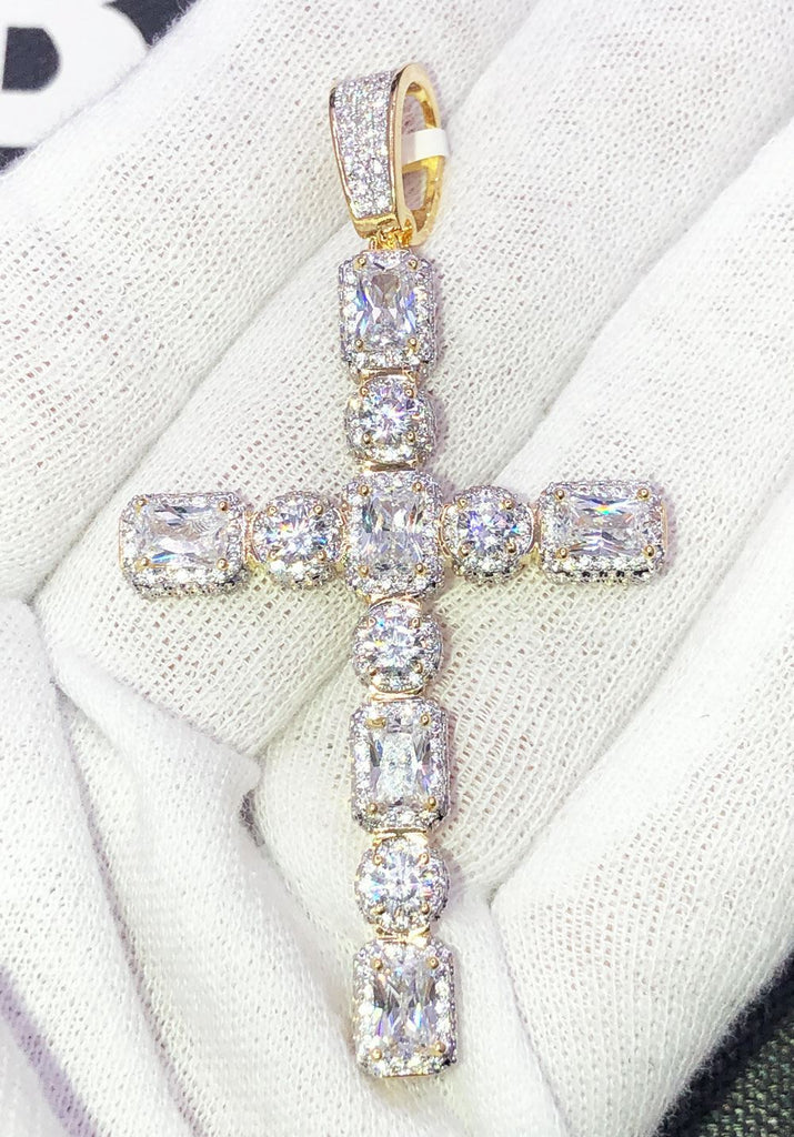 Exotic Gem Cluster Cross VVS CZ Hip Hop Iced Out Pendant Yellow Gold HipHopBling