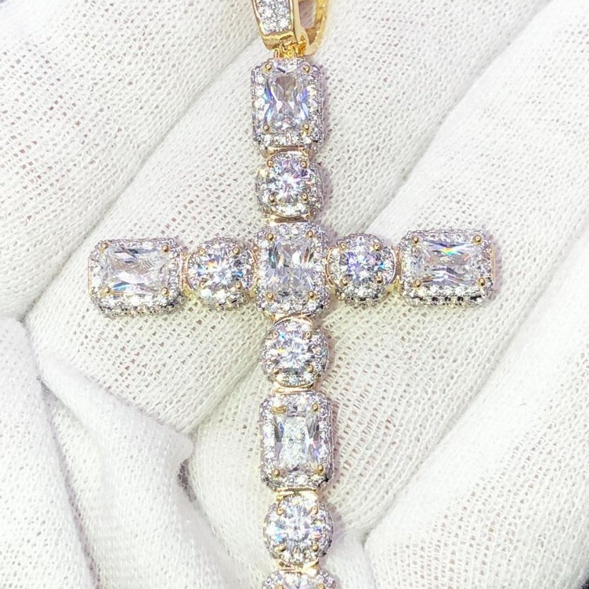 Exotic Gem Cluster Cross VVS CZ Hip Hop Iced Out Pendant Yellow Gold HipHopBling