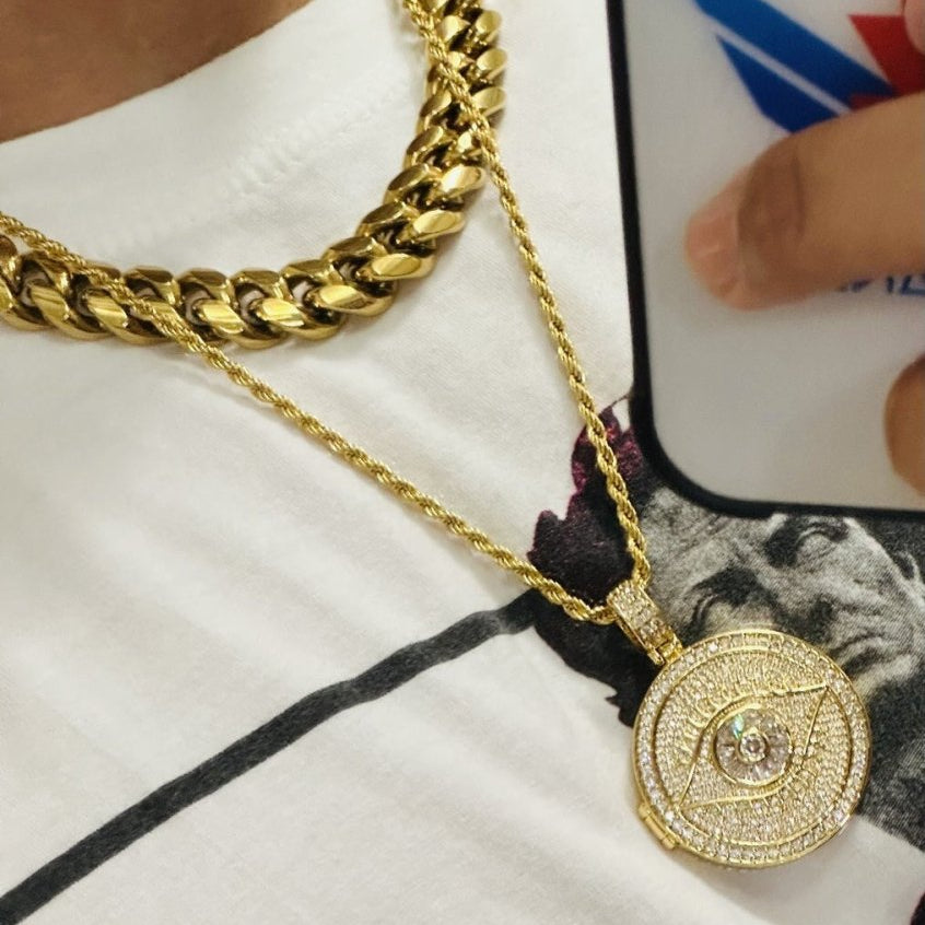 Eye Circle Medallion Iced Out Hip Hop Bling Pendant Yellow Gold HipHopBling