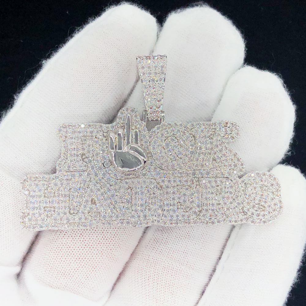 F Haters Middle Finger Iced Out Hip Hop Pendant White Gold HipHopBling