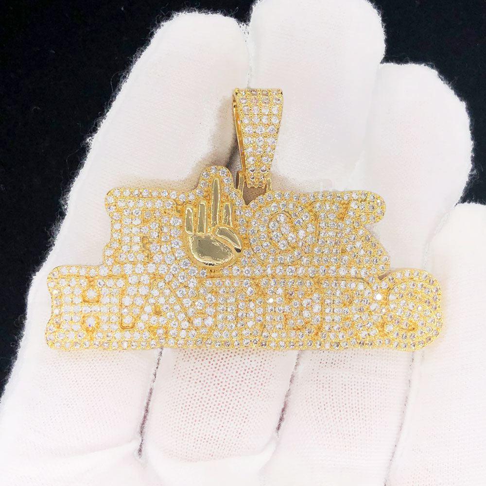 F Haters Middle Finger Iced Out Hip Hop Pendant Yellow Gold HipHopBling