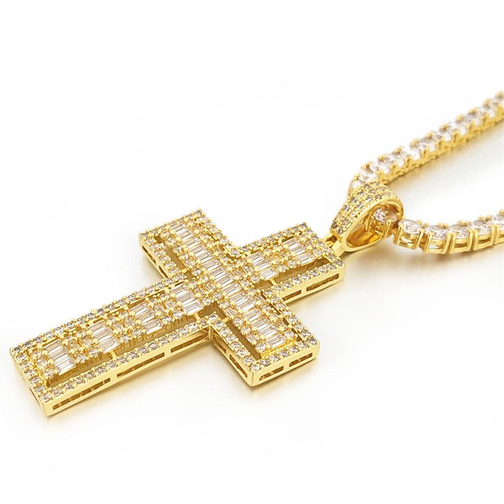 Floating Baguette Cross Iced Out Pendant in White / Yellow Gold HipHopBling