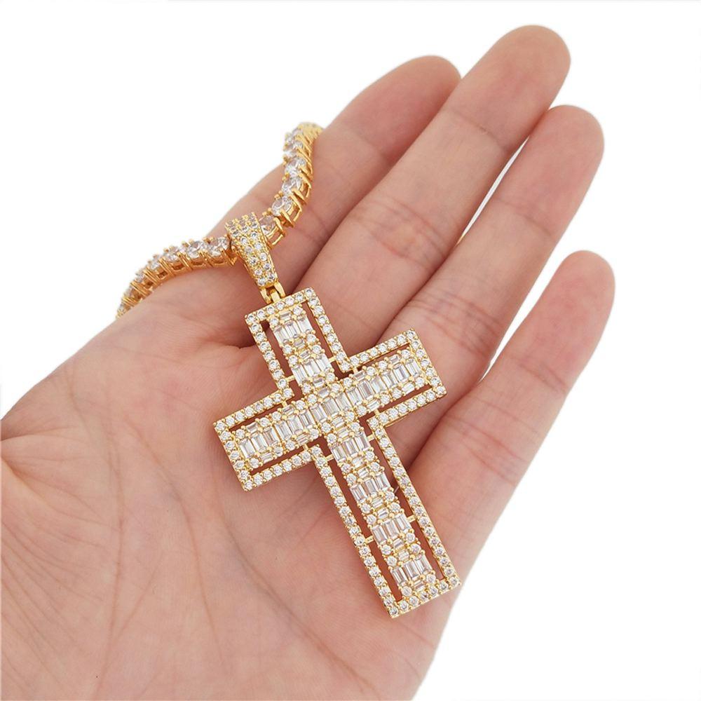 Floating Baguette Cross Iced Out Pendant in White / Yellow Gold HipHopBling