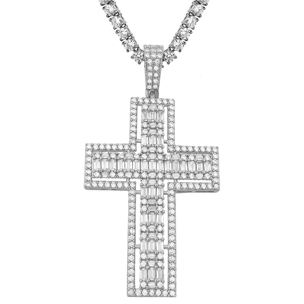 Floating Baguette Cross Iced Out Pendant in White / Yellow Gold White Gold HipHopBling