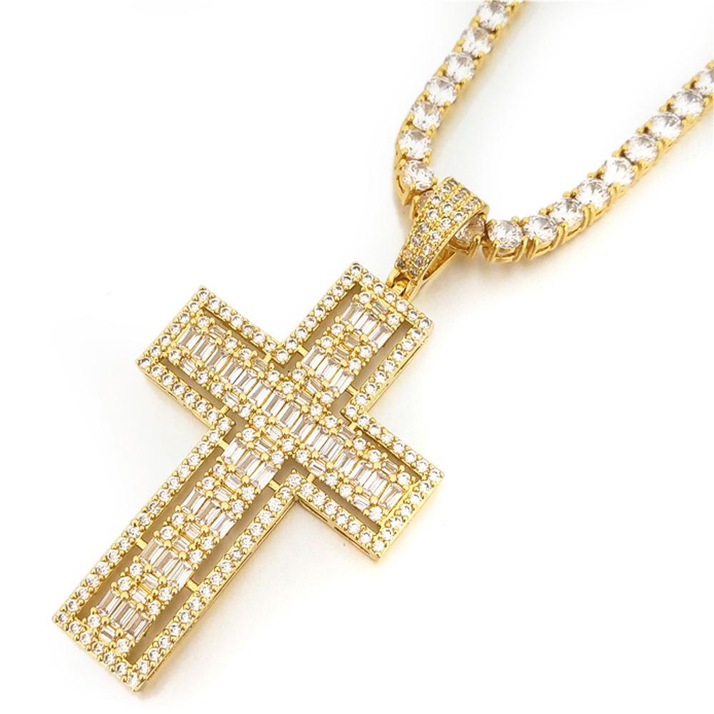 Floating Baguette Cross Iced Out Pendant in White / Yellow Gold Yellow Gold HipHopBling