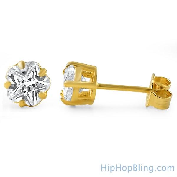 Flower Cut CZ Stud Earrings Gold .925 Silver HipHopBling