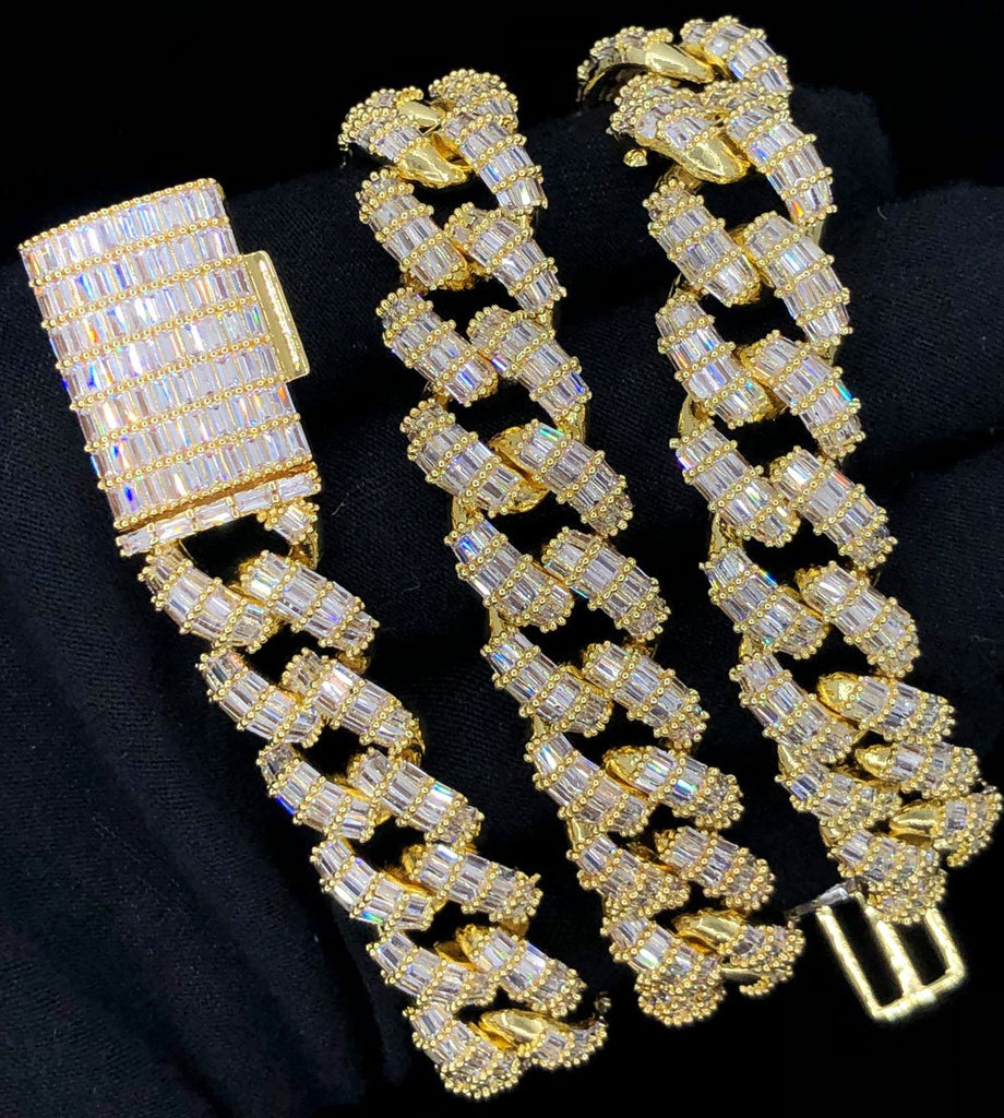 Full Baguette Cuban Hip Hop Bling Bling CZ Iced Out Chain Yellow Gold 18" HipHopBling