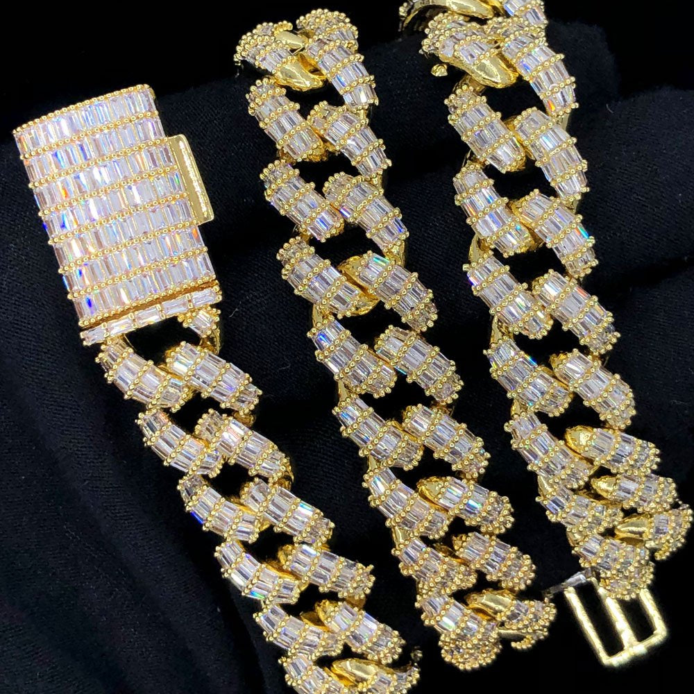 Full Baguette Cuban Hip Hop Bling Bling CZ Iced Out Chain Yellow Gold 18" HipHopBling