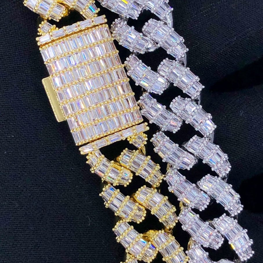 Full Baguette Cuban Hip Hop Bling Bling CZ Iced Out Chain Yellow Gold 18" HipHopBling
