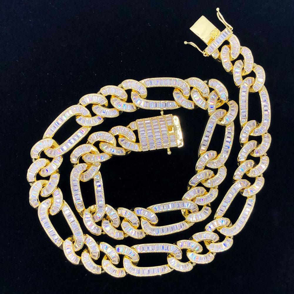 Full Baguette Figaro Hip Hop Bling Bling CZ Iced Out Chain Yellow Gold 18" HipHopBling