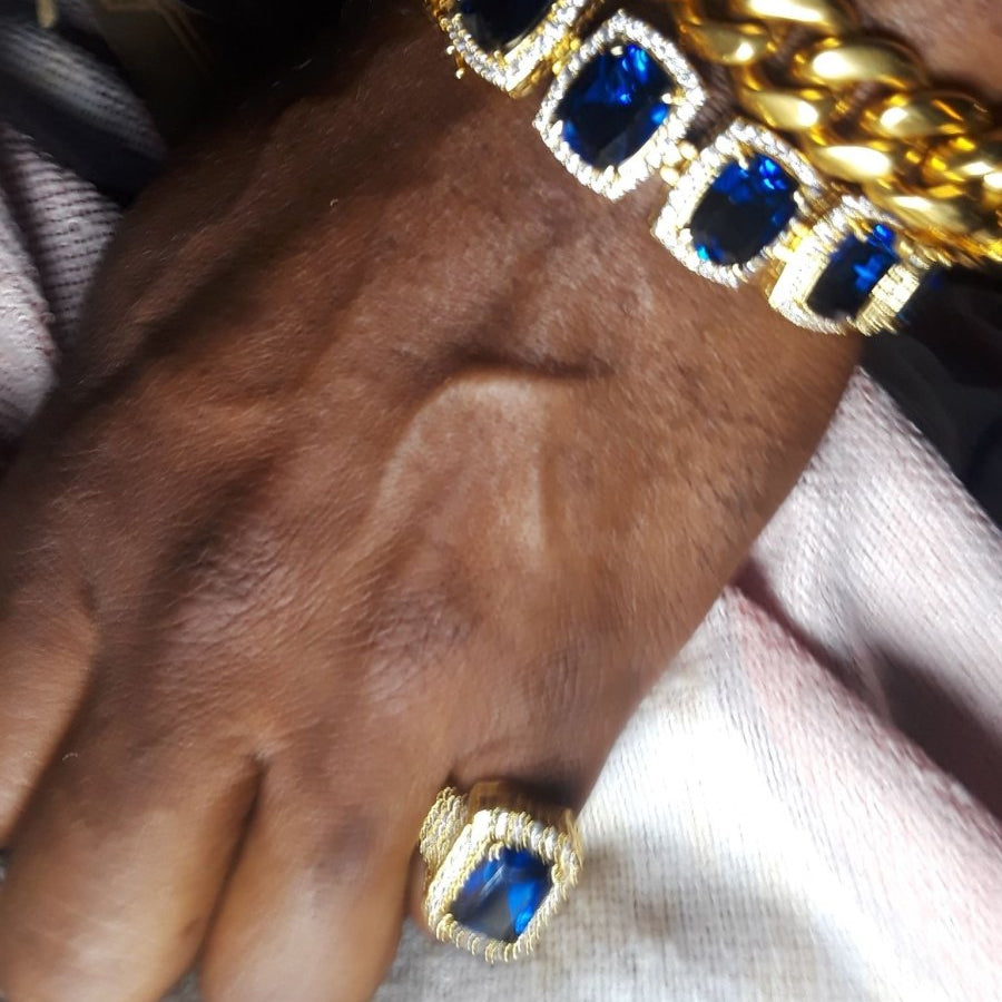 Fully iced Out Lab Sapphire Hip Hop Gold Ring 7 HipHopBling