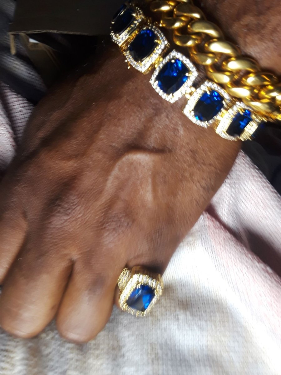 Fully iced Out Lab Sapphire Hip Hop Gold Ring 7 HipHopBling