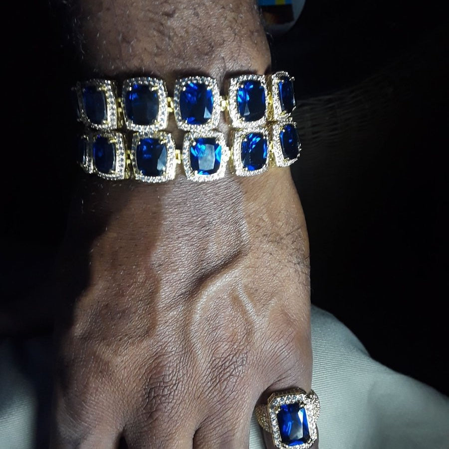 Fully iced Out Lab Sapphire Hip Hop Gold Ring 7 HipHopBling