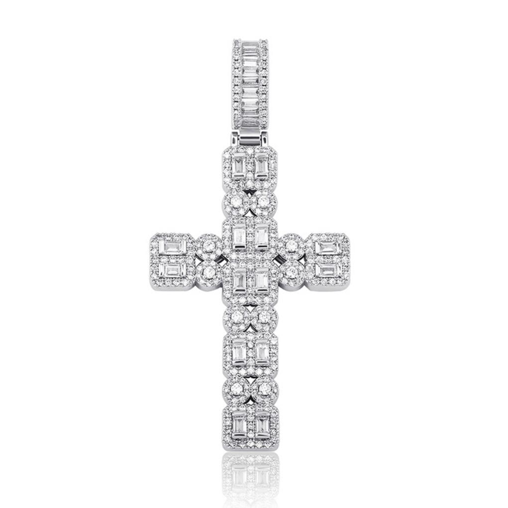 Gem Baguette Cluster Double Cross Iced Out Hip Hop Pendant White Gold HipHopBling