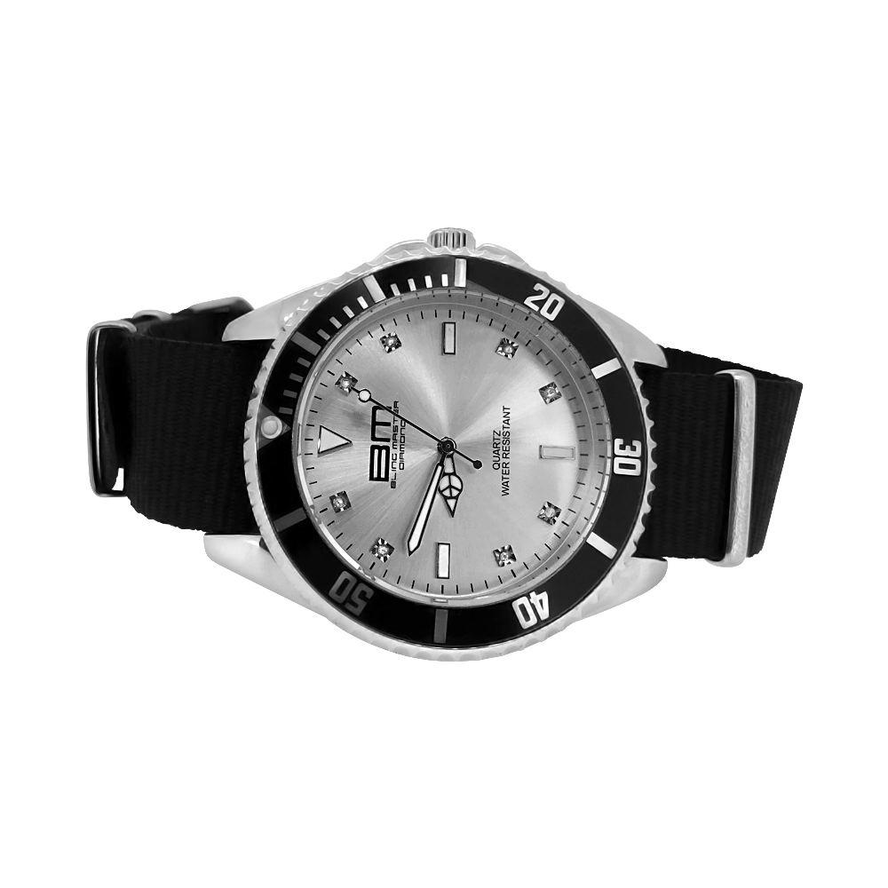 Genuine Diamond Divers Sport Watch Silver with Black Nylon Strap HipHopBling