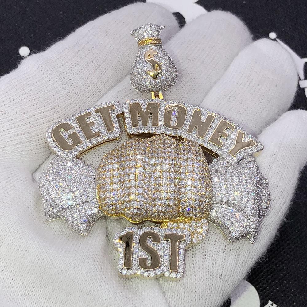 Get Money First VVS CZ Hip Hop Bling Iced Out Pendant Yellow Gold HipHopBling