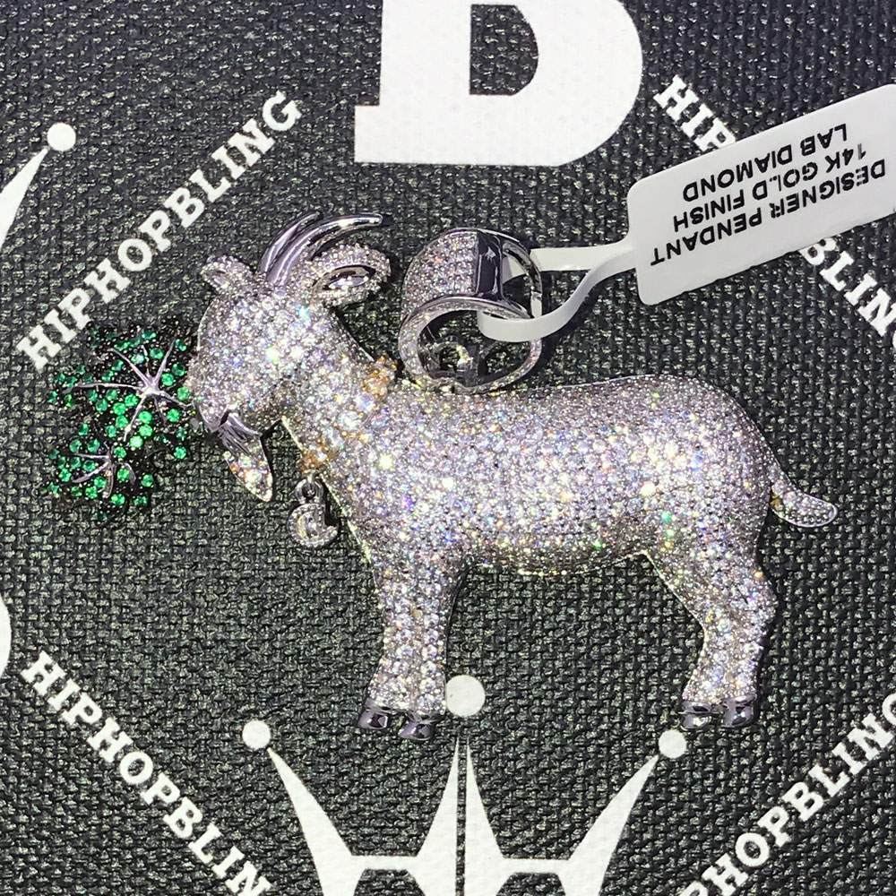 GOAT Eating Weed CZ Hip Hop Bling Bling Pendant White Gold HipHopBling