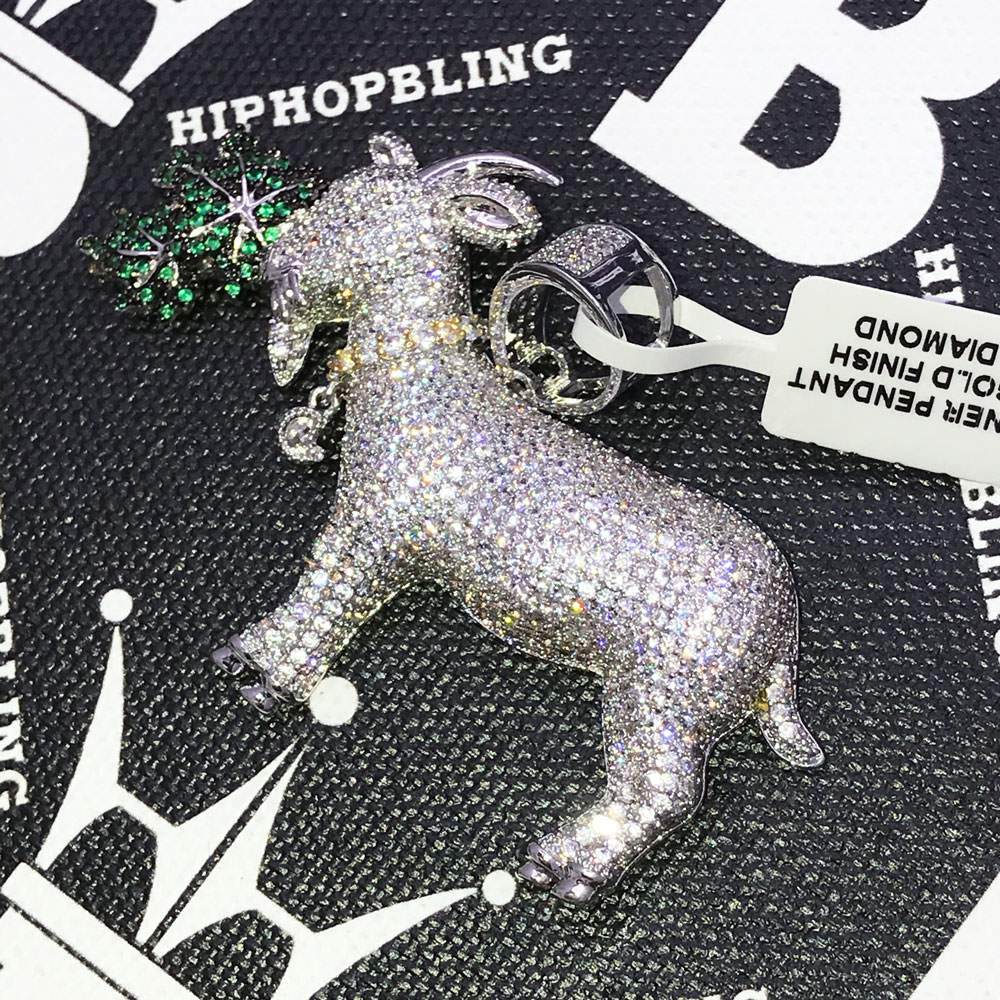GOAT Eating Weed CZ Hip Hop Bling Bling Pendant White Gold HipHopBling