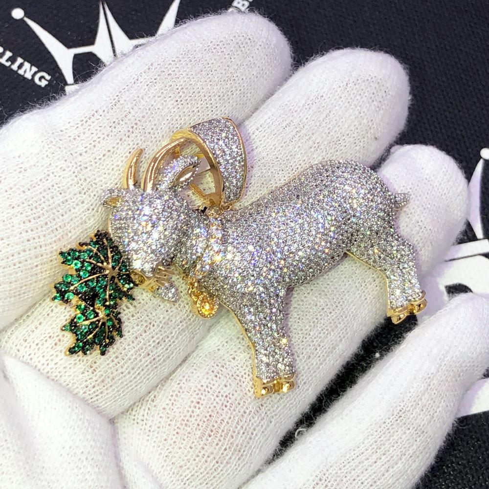 GOAT Eating Weed CZ Hip Hop Bling Bling Pendant Yellow Gold HipHopBling