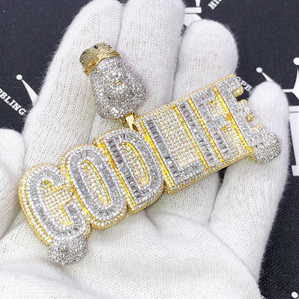 God Life Baguette CZ Hip Hop Bling Iced Out Pendant Yellow Gold HipHopBling