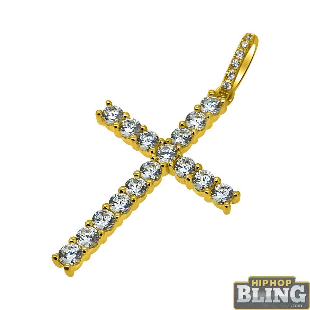 Gold 3MM CZ Tennis Cross Pendant .925 Sterling Silver HipHopBling