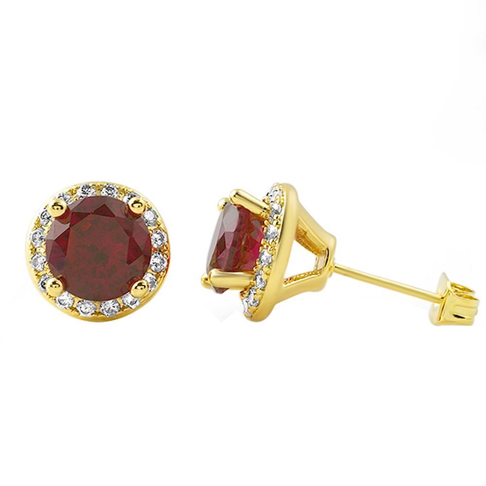 Gold Bling Bling Earrings Lab Ruby Micro Pave Halo HipHopBling