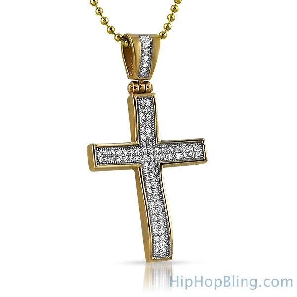 Gold Bling Bling Stainless Steel Mini CZ Cross Concave HipHopBling