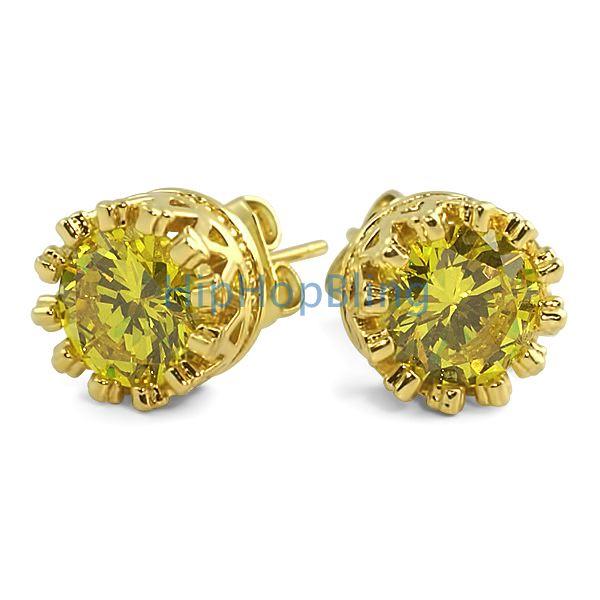 Gold Crown Round Canary CZ Bling Bling Earrings HipHopBling