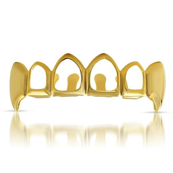 Gold Fang Grillz with 4 Open Teeth Top HipHopBling
