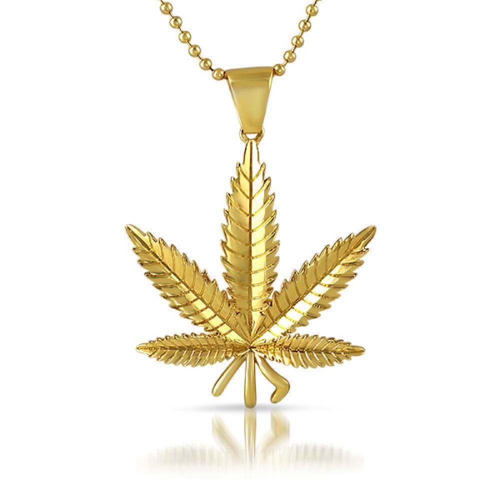 Gold Marijuana Pot Leaf Detailed Pendant HipHopBling