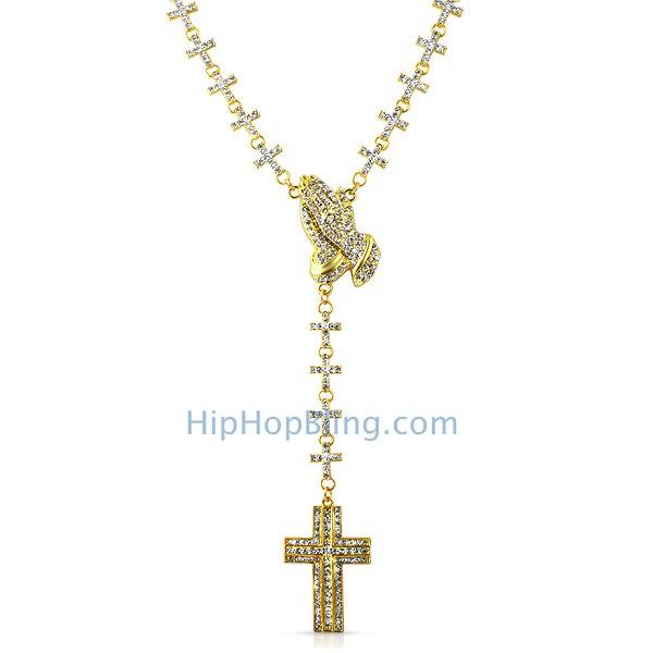 Gold Praying Hands Fully Iced Out Cross Link Rosary Necklace HipHopBling