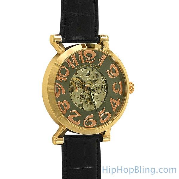 Gold Skeleton Automatic Watch Leather Band HipHopBling