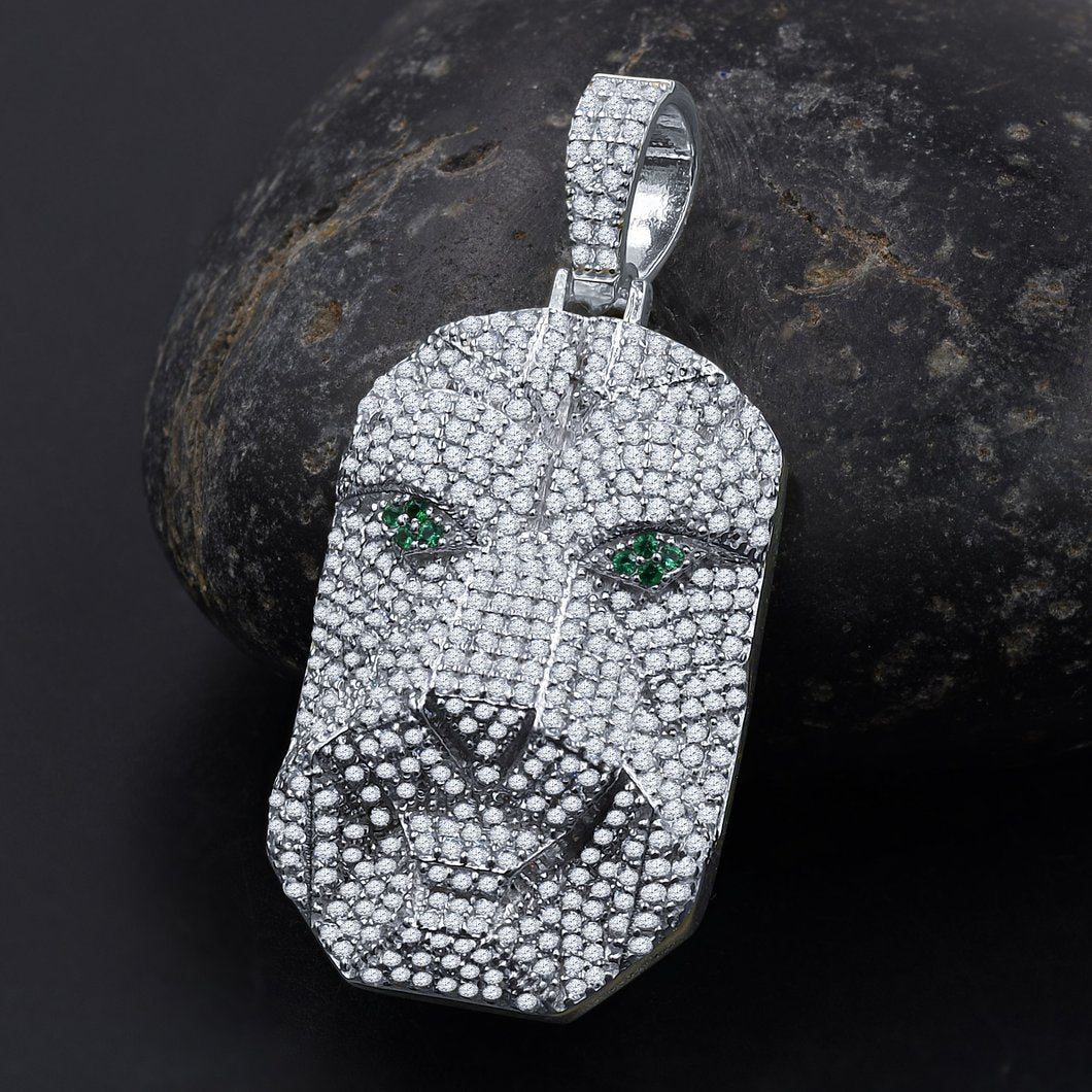 Green Eye Tiger CZ Iced Out Pendant .925 Sterling Silver White Gold HipHopBling