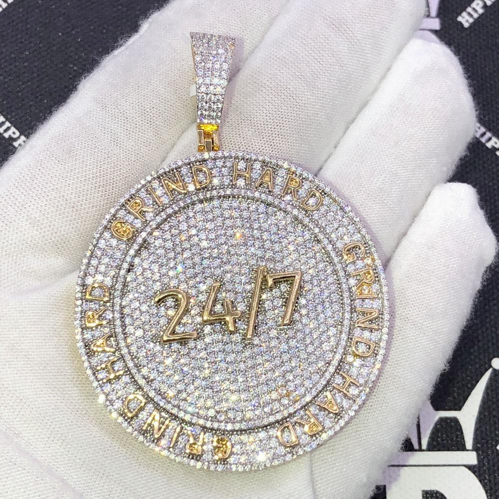 Grind Hard 24/7 CZ Hip Hop Bling Iced Out Pendant Yellow Gold HipHopBling